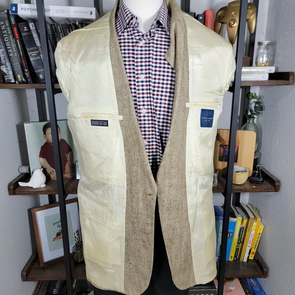VTG Town Craft Men's Sport Coat Blazer Two Button Dark‎ Beige Silk Size 44L